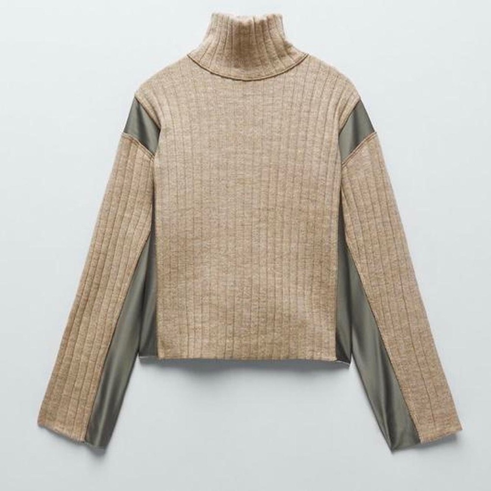 Zara Tan and Green Ribbed Knit and Satin Turtleneck Sweater